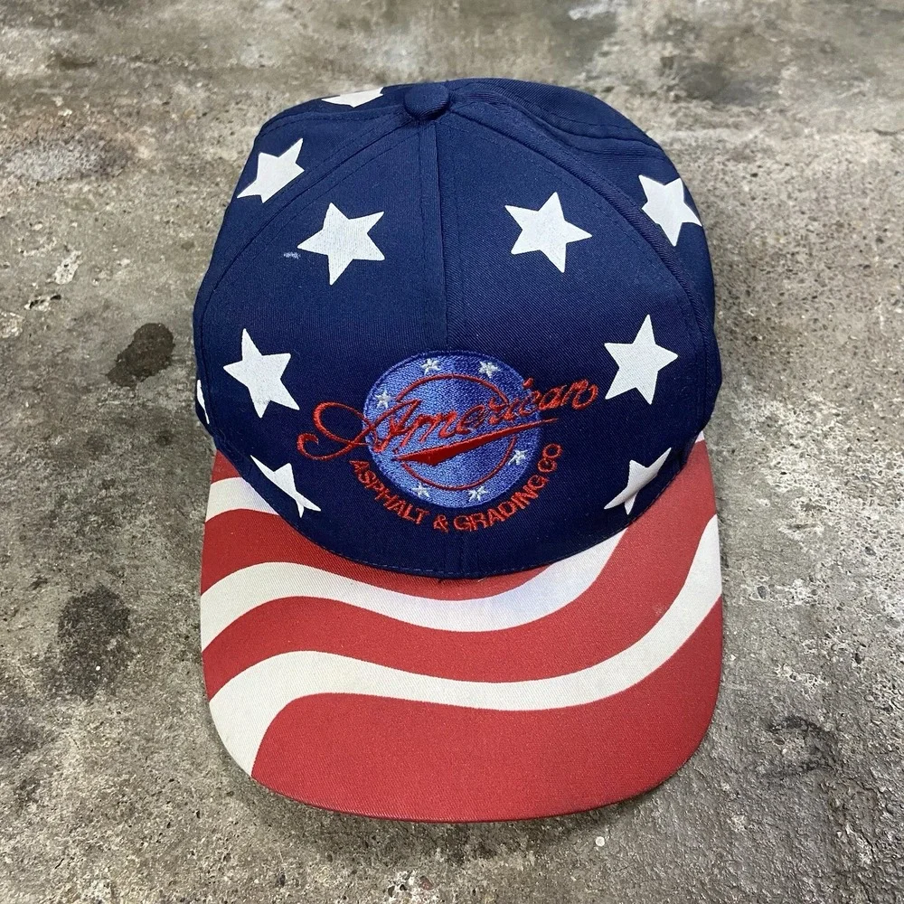 Vintage 80s American Asphalt Cap Snap Back Adjustable Flag Print Construction